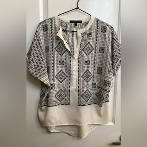 Bcbgmaxazria Ayanna White Geometric Print Short Sleeve Blouse